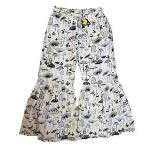 Rising Int’l Mushroom Print Flare Pants Ruffle Hem Black White Size M
